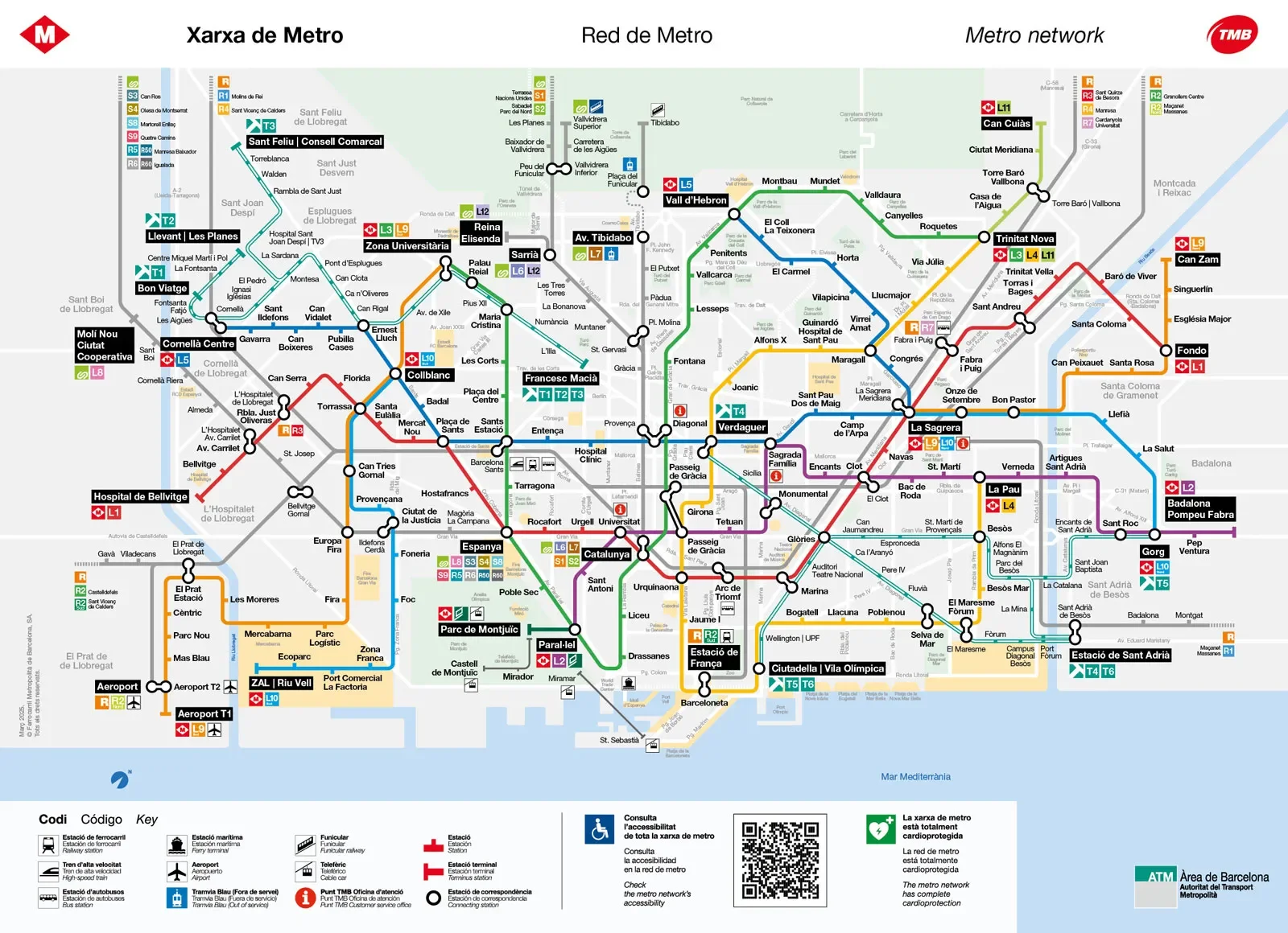Oficjalna mapa sieci metra TMB w Barcelonie z 12 liniami i połączeniem lotniskowym L9