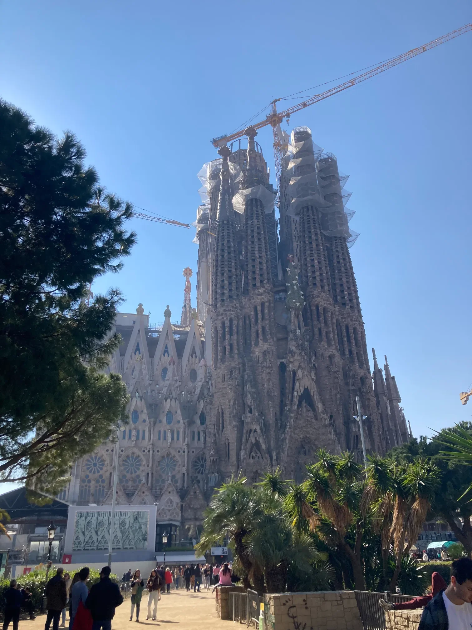 Sagrada Família w Barcelonie - fasada i wieże bazyliki Gaudiego wśród palm