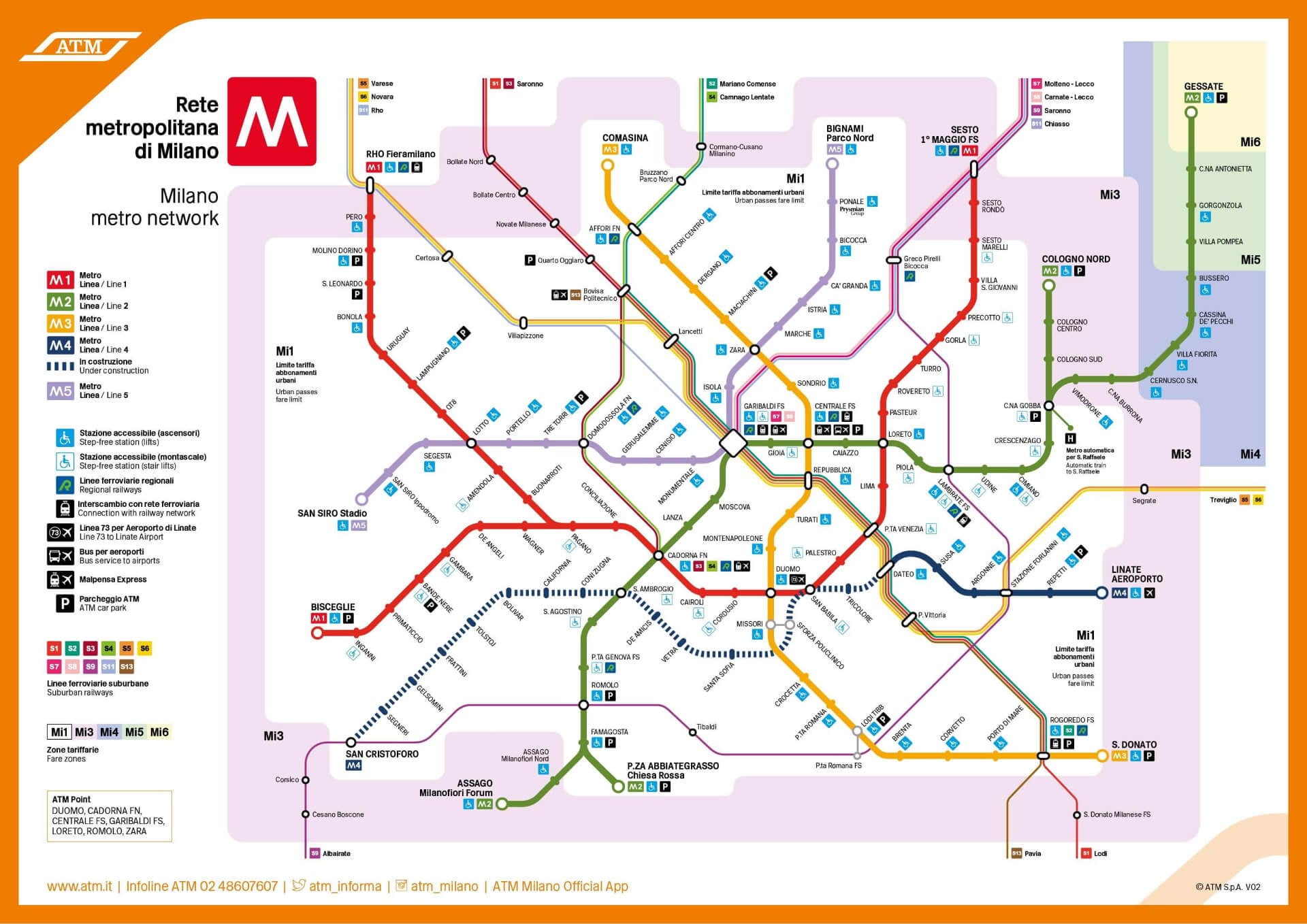 Oficiální mapa sítě metra ATM v Milánu s linkami M1-M5 a přestupními stanicemi