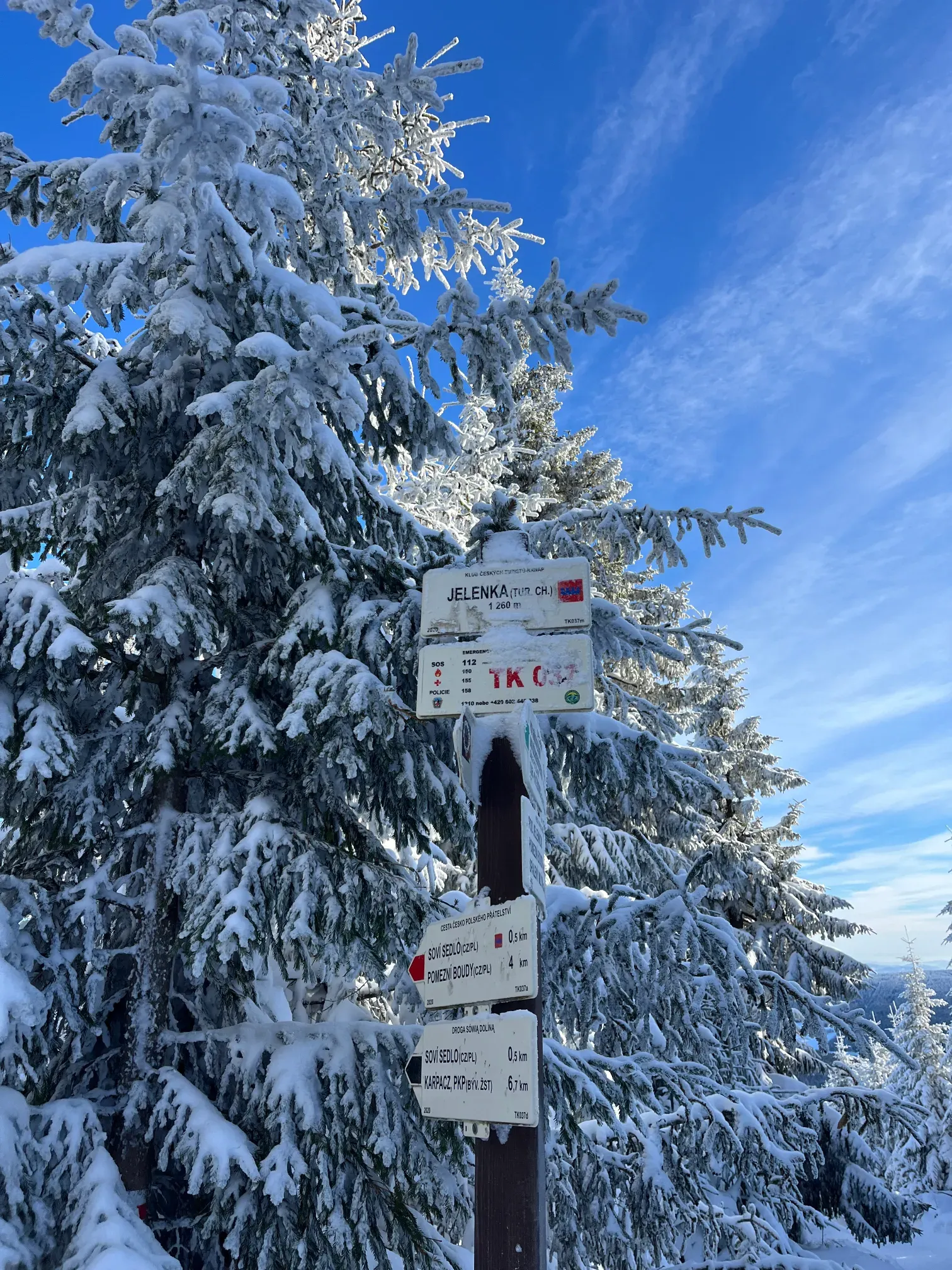 Oszroniony drogowskaz schroniska Jelenka 1260 m n.p.m. zimą na tle błękitnego nieba w czeskich Karkonoszach