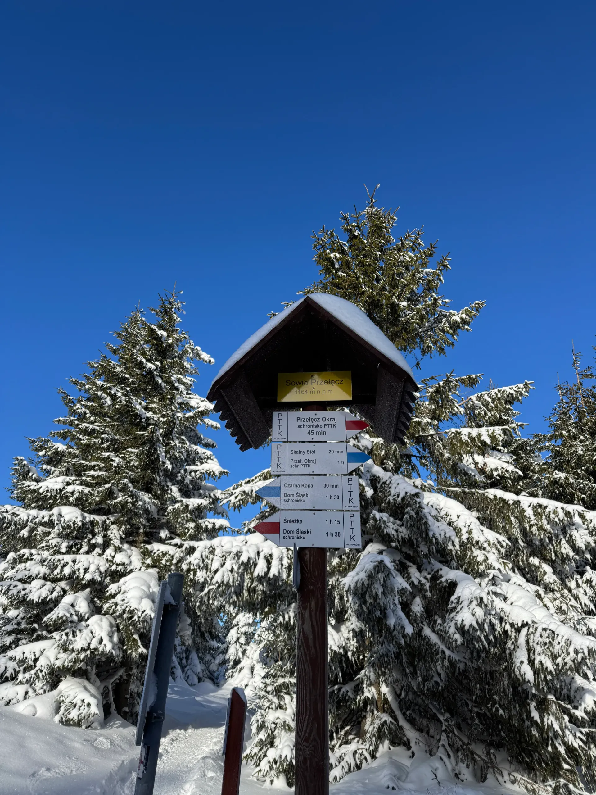 Drogowskaz PTTK na Sowiej Przełęczy 1164 m z kierunkami na Śnieżkę i Dom Śląski zimą w Karkonoszach