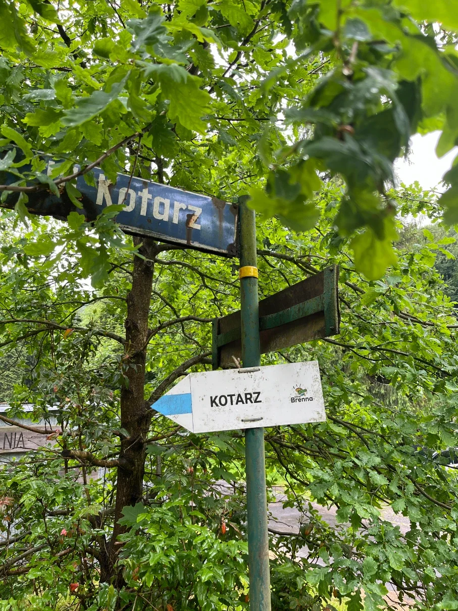 Blue trail signpost reading Kotarz in the Hołcyna Valley near Brenna in the Silesian Beskids