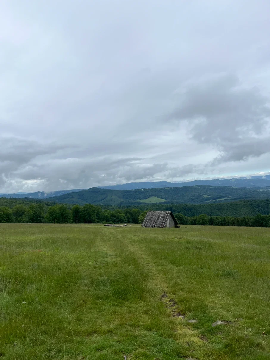 Old shepherd's hut in the centre of the vast Hala Jaworowa clearing with Silesian Beskids ridges in the distance