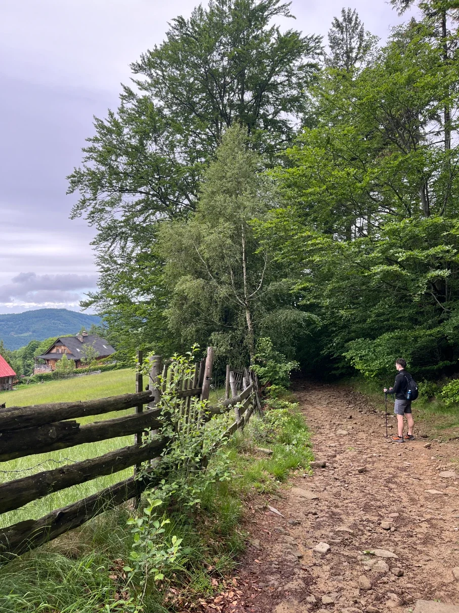Hiker descending a forest path beside a wooden log fence with a traditional Beskid house in the background in Brenna