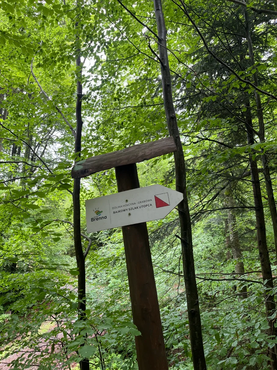 Wooden signpost for the Utopiec Fairytale Trail pointing from the Hołcyna Valley toward Grabowa in Brenna