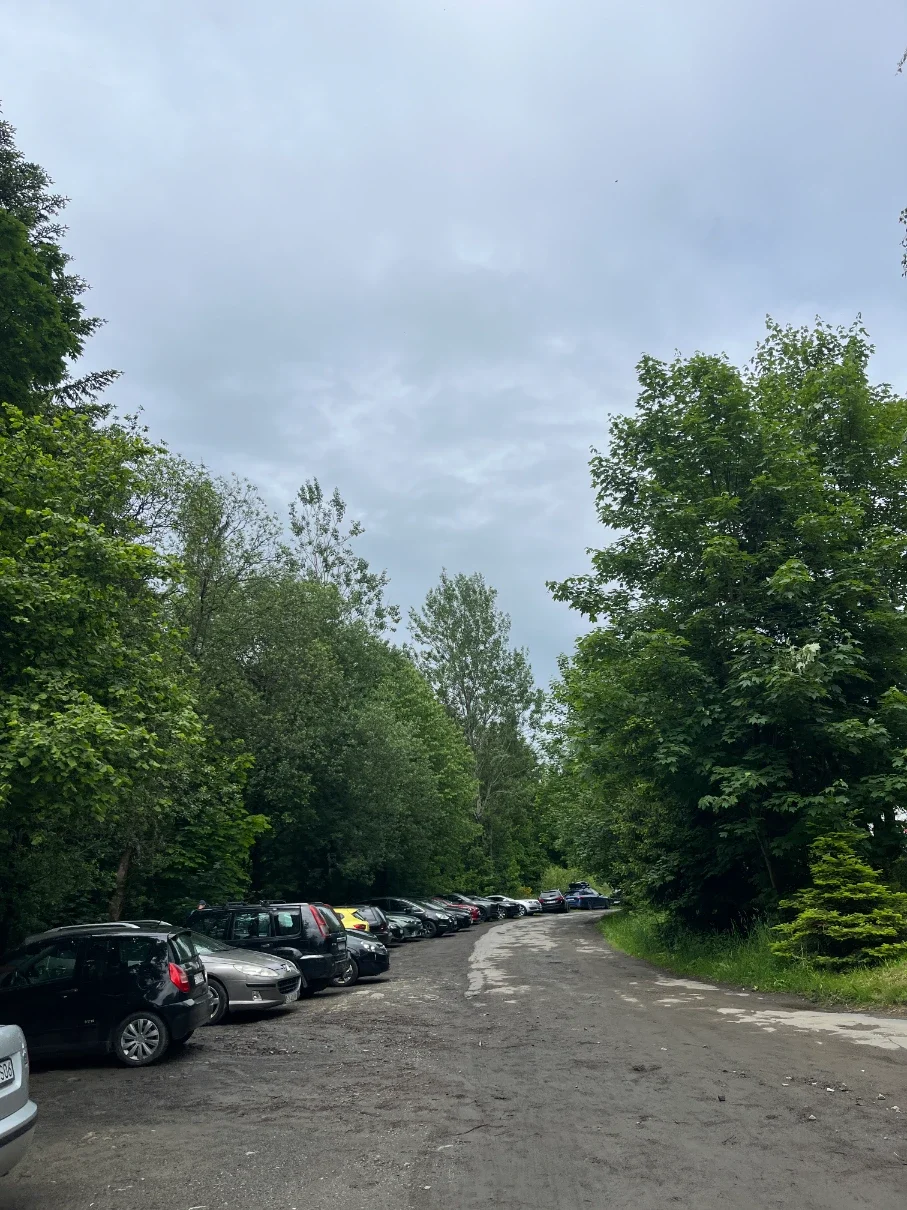 Cars parked along the roadside in the Hołcyna Valley near Brenna at the start of the Kotarz trail