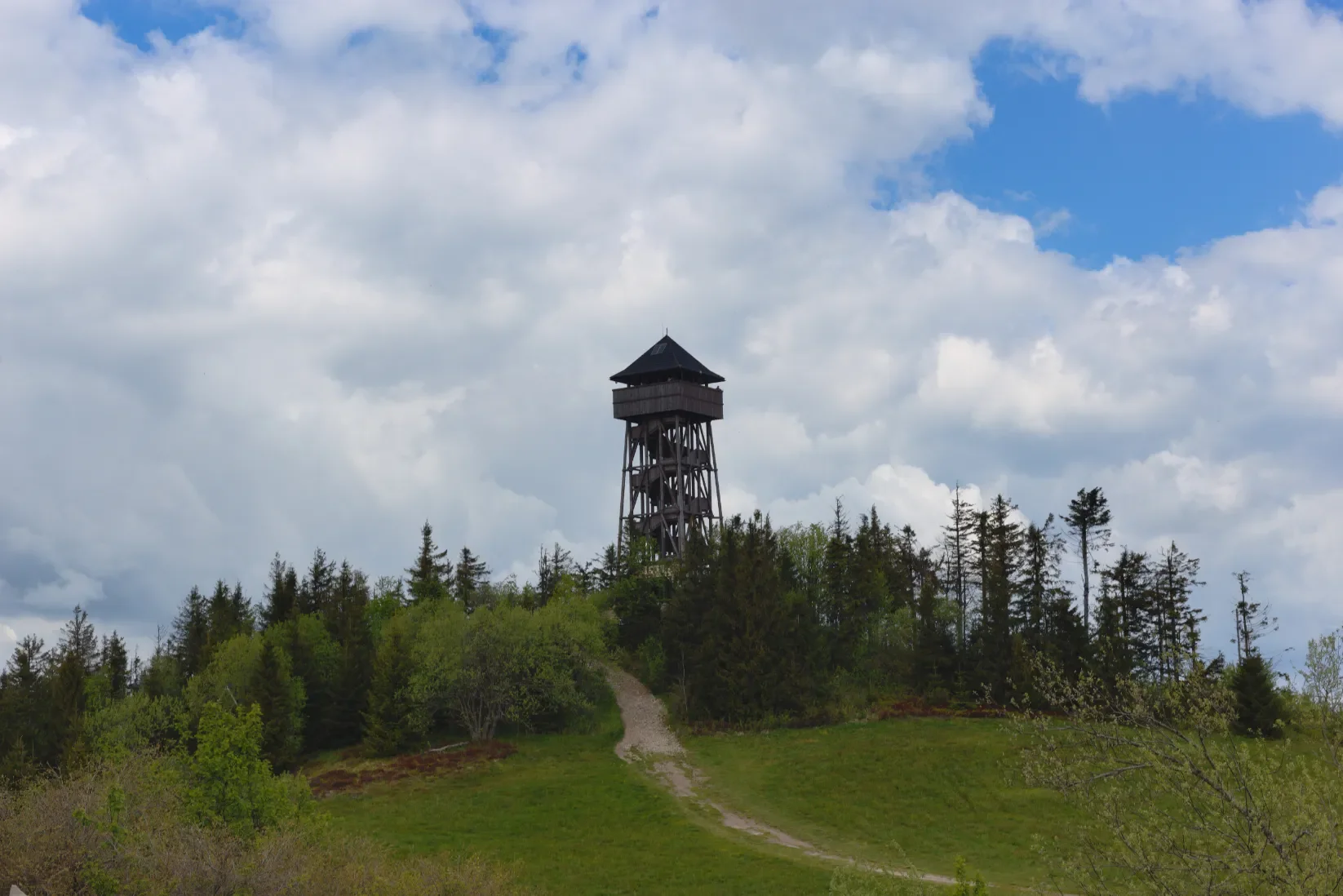 Dřevěná rozhledna na vrcholu Lubani tyčící se nad zalesněným kopcem, pěšina loukou, jaro