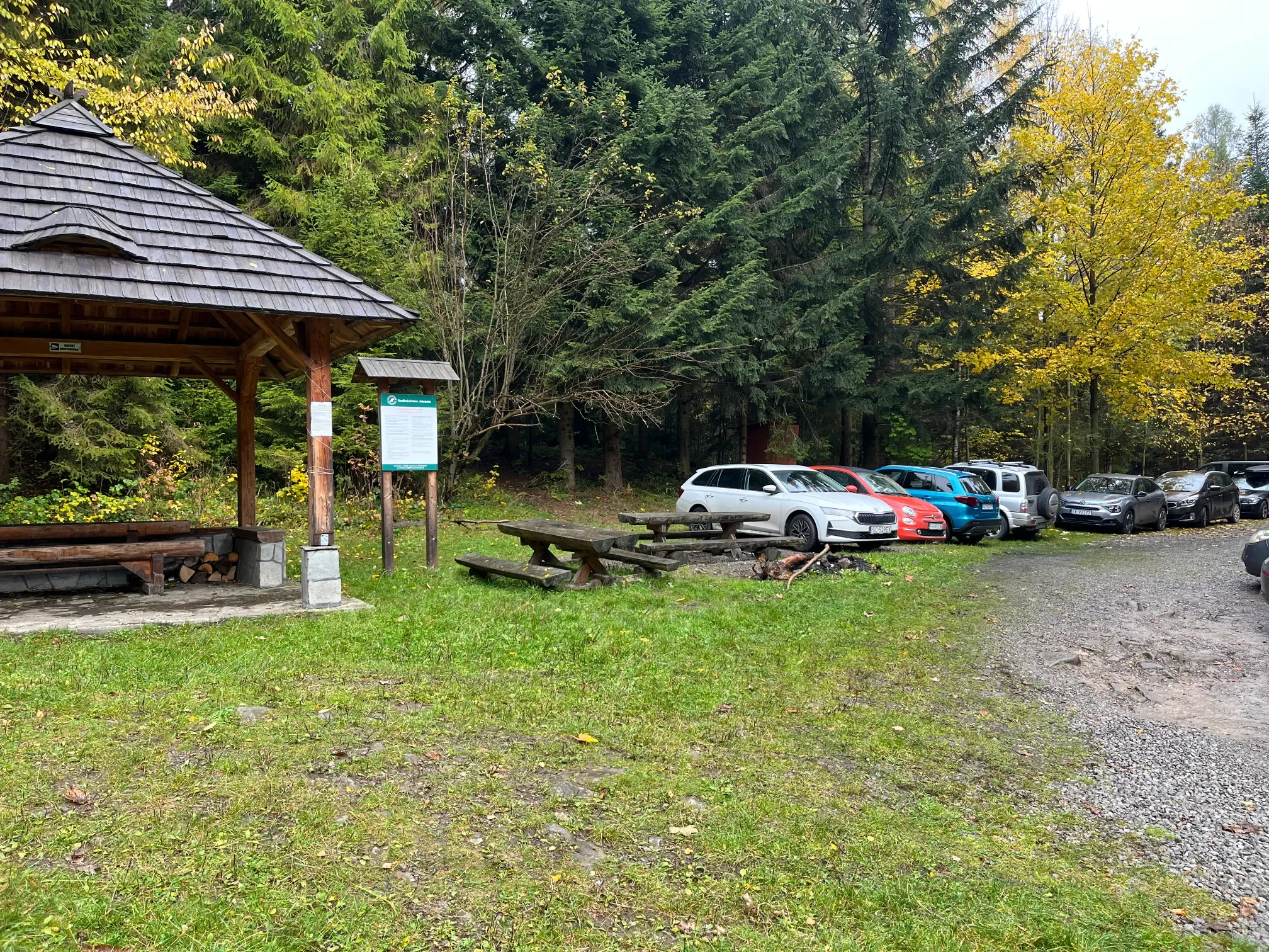 Bezplatné parkoviště u nástupu na žlutou značku na Pilsko v Korbielowě s dřevěným přístřeškem a informační tabulí