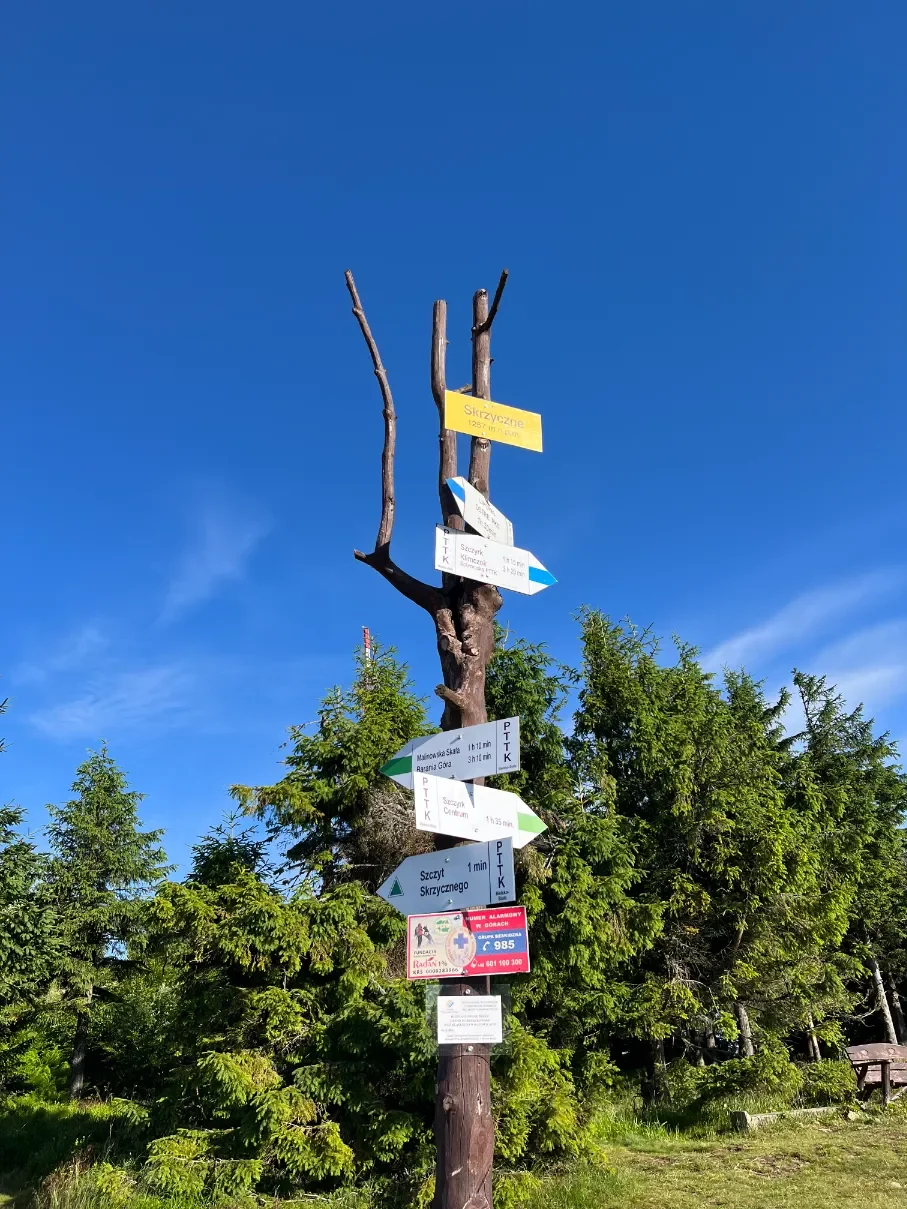 Rozcestník tras na vrcholu Skrzycznego 1257 m n. m. se směrovkami PTTK do Szczyrku