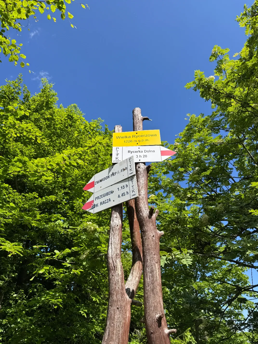 Rozcestník vrcholu Wielka Rycerzowa 1226 m n. m. se směry na Przegibek a Wielkou Raczu