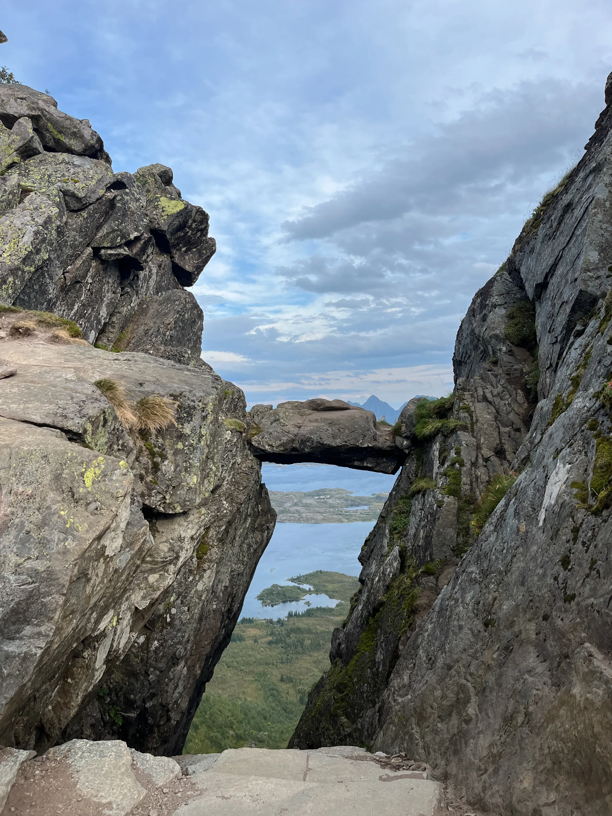 Distinctive rock shelf suspended above an abyss at Djevelporten