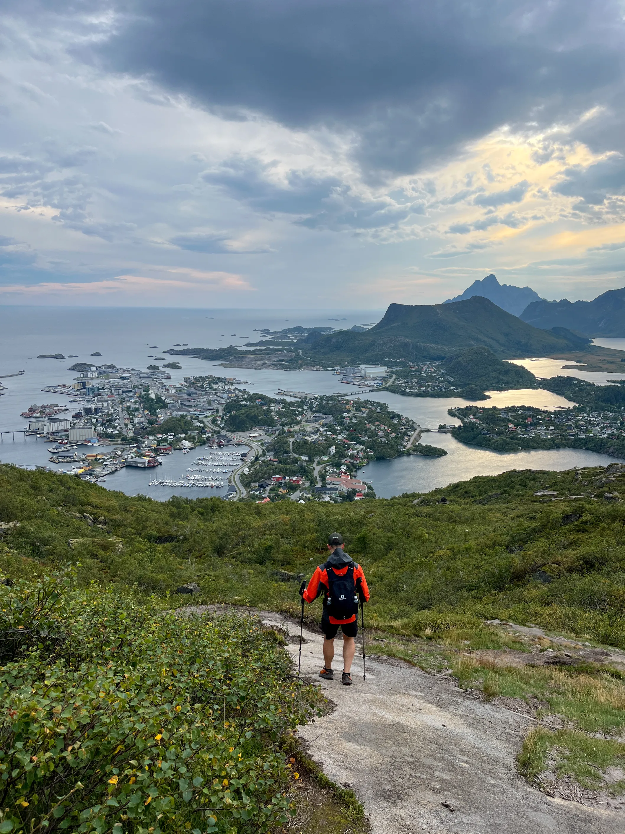 Panoramic view of Svolvær and surrounding fjords from the trail to Djevelporten